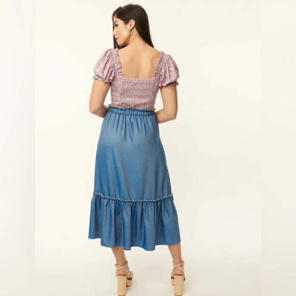🦋B2G1🦋UNIQUE VINTAGE 1970s Chambray Ruffle Tiered Midi Skirt | NWT | - Picture 2 of 12